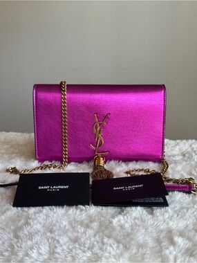 Saint Laurent Metallic Fuchsia Kate Tassel Wallet-On-Chain